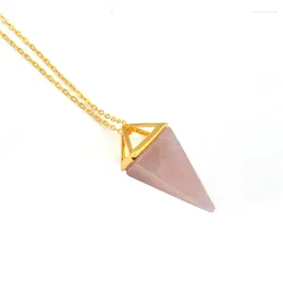 Pendant Necklaces Natural Gem Stone Pyramid Point Spike Pendulum Necklace Gold-color Brass Double