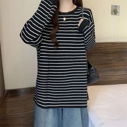 Women's T Shirts Oversized Fleece Black White Striped Long Sleeve Women Shirt Viintage Clothes Fashion Harajuku Spring Fall 2024 Slim Tops