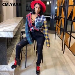 Women's Jackets CM.YAYA Autumn Spring Plaid Patchwork Women Button Up Long Sleeve High Low Blouses Shirt Activewear Street Tops YQ240115