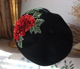 Berets 202401-shi Sell Wool Felt Red Flower Green Leaves Hand Beading Beautiful Lady Beret Hat Women Leisure Painter Cap