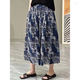 Skirts 2024 Summer Arts Style Women Elastic Waist Loose A-line Long Skirt Vintage Print Casual Cotton Linen Female Saia C878