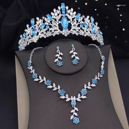 Necklace Earrings Set Silver Colors Blue Crown Bridal Wedding Jewelry Women Bride Tiaras And Flower Sets Costume Accessory