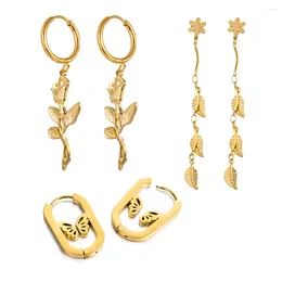 Dangle Earrings Accessories Long Rose Flower Leaf Drop Hoop Women Stainless Steel Simple Butterfly Classic Oval Circle Jewelry
