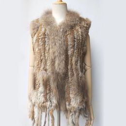 Natural Real Rabbit Fur Knitted Vest With Tassel Genuine Fur Warm Sleeveless Women Fur Gilet With Real Raccoon Fur Trimming 240113