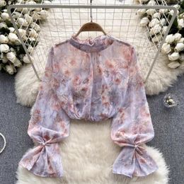 Women's Blouses Spring Casual Chiffon Blouse For Women Floral Print Stand Collar Long Puff Sleeve Shirts French Chic Female Blusa Drop