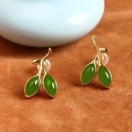 Dangle Earrings Independent Design Ancient Gold Craftsmanship Natural Hetian Jade Leaves Horse Eye Shape Elegant Luxury Silver Jewellery