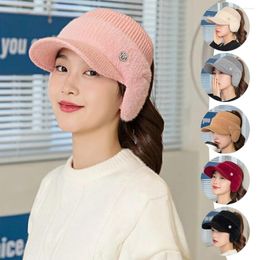 Berets Faux Fur Knitted Visor Cap For Woman Earmuff Winter Baseball Hat Women Fashion Elastic Earflaps Empty Top