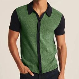 Men's T Shirts Solid Colour Matching Striped Lapel Single Breasted Soft Stretch Short Sleeved Shirt Mod Bod Tops Cotton Spandex