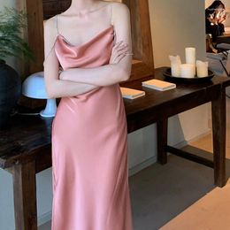 Casual Dresses 2024 Women Fashion Elegant Satin Diamond Chain Suspended Dress For Summer Backless Side Split Sexy Sleeveless A Line