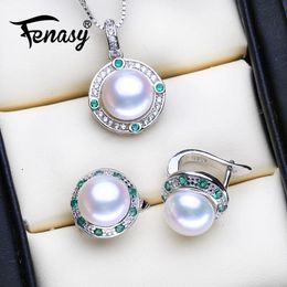 Necklaces Fenasy Pearl Jewellery Sets Sterling Sier Green Crystal Natural Freshwater Pearl Earrings Necklace Ring for Women