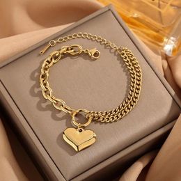 Link Bracelets Vintage Gold Plated Stainless Steel Love Heart Splicing Chain For Women Bohemian Thick Girls Wrist Jewellery