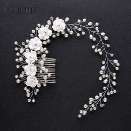 Headbands Bridal Wedding Crystal Bride Hair Accessories Pearl Flower Headband Handmade Hairband Beads Decoration Hair Comb For Women