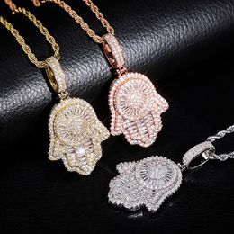 Iced Out Hand of Fatima Hamsa Pendant Necklace CZ Copper Top Quality Cubic Zircon Bling For Men Women gifts291P