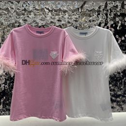 Designer Feather Short Sleeve Tops Women Casual Solid Colour T Shirt Stylish Crew Neck Loose Shirt Summer Breathable Tees
