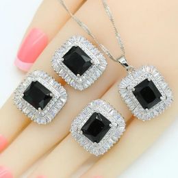 Necklaces Black Stones Sier Color Bridal Jewelry Sets for Women Necklace Pendant Earrings Rings Gift Box