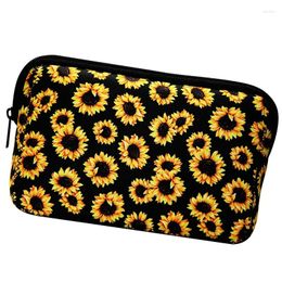 Cosmetic Bags Kf-Sunflower Floral Makeup Bag Waterproof Soft Neoprene Travel Zippered Storage Pouch Printing Toiletry Pencil Case