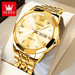 OLEVS Mens Watches Gold Original Quartz Wristwatch Waterproof Luminous Watch for Male Rhombus Mirror Date Week Luxury Dress 240115