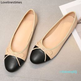 2024Leather Tweed Cloth Two Color Splice Bow Round Ballet Shoe Fashion Flats Women Shoes