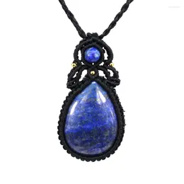 Pendant Necklaces Natural Lapis Lazuli Gem Stone Water Drop Black Rope Wrapped Braided Macrame Adjustable Chain Necklace Women Men Jewelry