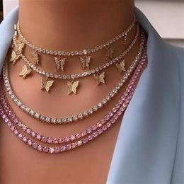 iced out bling hip hop women jewelry Heart arrow cz tennis chain with cz butterfly charm 32 10cm choker necklaces3294