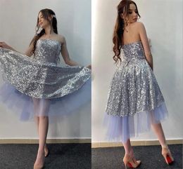 Tulle Sparkling Sequins Tiered Homecoming Strapless Zipper Back Short Prom Bride Formal Tail Party Dresses