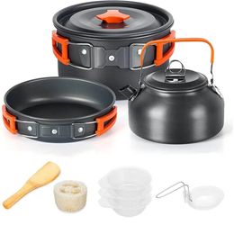 Aluminum Outdoor Camping Cookware Set with Mesh Bag Folding Cookset Kitchen Cooking Teapot and Pans Equipment y240116