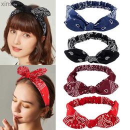 Headbands Boho Bow Headbands for Women Vintage Paisley Bandana Flower Printed Hairband Elastic Rabbit ear Head Wrap Cute Hair Accessories YQ240116