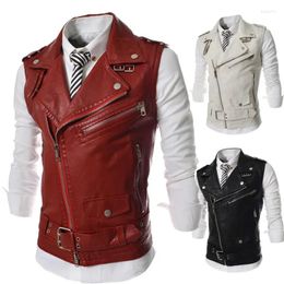 Men's Vests 2024 Lapel Leather Vest Korean Version Slim Fit PU Sleeveless Coat Multi Pull Chain
