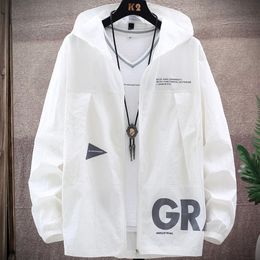 Summer UV Protection White Skin Coats Men Fashion Letter Print Hooded Casual Thin Jackets Big Size 8XL 9XL 240115