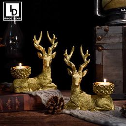 Candle Holders Nordic Deer Golden Candle Holder A Pair Elk Candlestick Animals Ornaments Stag Home Decoration Meditation Living Room Decor Gift YQ240116