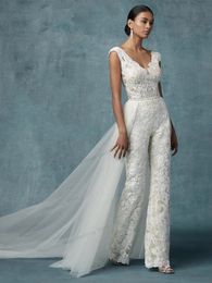 Jumpsuit Wedding Dresses With Detachable Train Bride Pants Suit Lace Appliqued Sleeveless Women Brides Outfits Backless Custom Made Vestidos Noiva Robe De Mariage