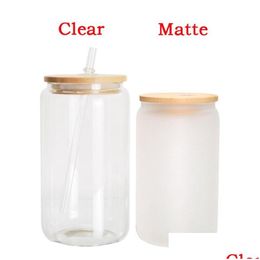 2023 Us Warehouse 12Oz 16Oz Sublimation Glass Blanks With Bamboo Lid Frosted Beer Can Borosilicate Tumbler Mason Jar Cups Mug Plast Dh2Rb