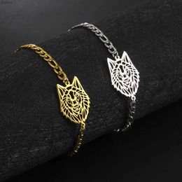 Charm Bracelets Viking Metal Wolf Head Bracelet for Men Stainless Steel Animal Pendant Figaro Chain With Spring Ring Clasp Biker Punk Jewellery