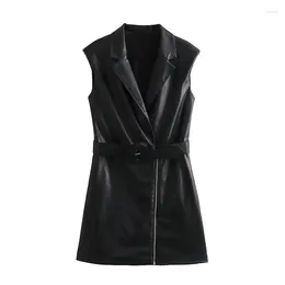 Casual Dresses YENKYE Women Fashion With Belt Faux Leather Vest Dress Lapel Collar Office Ladies Mini