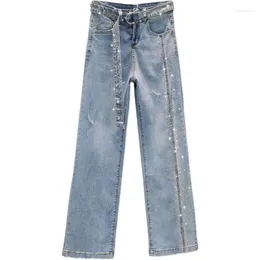 Women's Jeans Rhinestone Women Spring Autumn High Waist Loose Wide Leg Pants Female Fashion Casual Denim Trousers S1780