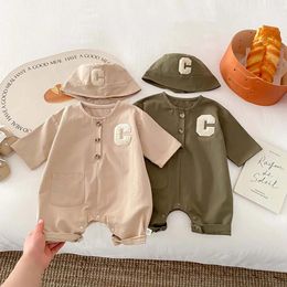 Ins Korean Spring Autumn Infant Boys Jumpsuit Cotton Letter Solid Loose Baby Rompers With Hat born Outfits 240116