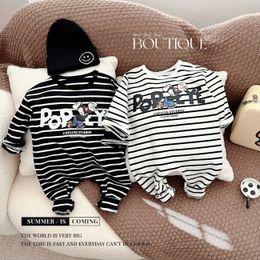 Korean Spring Ins Baby Boys Jumpsuit Cotton Striped Letter Cartoon Infant Bodysuit born Outwear Rompers 240116