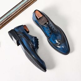 Handmade Mens Wedding Brogues Black Blue Genuine Leather Men's Dress Slip on Business Formal Shoes for Men