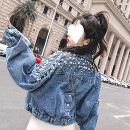 Nice Looking Women S Jackets Punk Denim Jeans Jacket Coats Women Fashion High Quality Runway Designer Luxury Diamond Pearls Beading Long Sleeves Tops