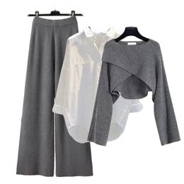 New Spring Autumn Women's Set Three Piece Loose Shirtsolid Sweaterhigh Waist Wide Leg Pants Retro Casual 240115