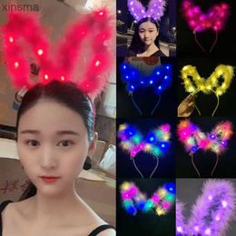 Headbands Women Girls Christmas Concert Headband Lovely Faux Feather Rabbit Ears H Hoop 14 LED Light Up Festival Party Drop Shipping YQ240116