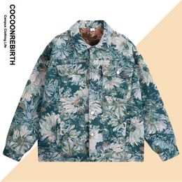 Full Flowers Jacquard Denim Jacket Men Korean Fashion Turndown Collar Women Loose Couples Casual Coat Autumn 2023 240115