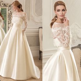 Beach A-Line Wedding Dresses Backless Scoop Lace Ribbon Bridal Gowns Illusion Long Sleeve Applique Sweep Train Robe Vestido De Noiva Size Customised Size H24084