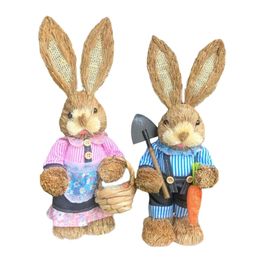 1 2pcs Easter Bunny Rabbit Straw Figures Decoration 35cm Figurine Home Garden Wedding Ornament 240116