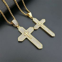 Religious Iced Out Bling Cross Pendants Necklaces For Women Men Male 14k Yellow Gold Christian Jewellery