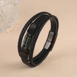 Charm Bracelets Fashion Natural Stone Black Leather Braided Multi-Layer Bracelet Personalized For Man Woman Stainless Steel Jewelry Couple