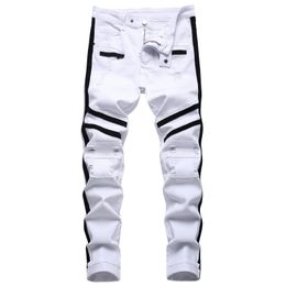 Punk Jeans Men Zipper Hip Hop Slim Fit White Bike Jeans Elastic Split Denim Pants Cotton Fashion Casual Jogging Male Clothing 240115