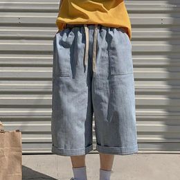 Men's Jeans Men Denim Shorts Summer Cropped Cargo Trousers With Wide Leg Drawstring Elastic Waist Solid Color Multi Pockets