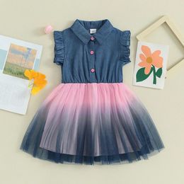 Girl Dresses 3-7Y Kids Girls Summer Dress Frill Sleeve Denim Patchwork Gradient Tulle A-line Children Princess Clothes