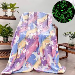 Cosy Glow-in-the-Dark Rainbow Unicorn Blanket for Kids Soft Flannel Blanket for Sofa Bed Car Birthday Gift for Boys and Girls 240116